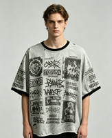 T-shirt Streetwear Personnalisé Imprimé Kornit 100% Coton Épais Effet Vieilli Écologique Séchage Rapide Lavage Vintage Col Ringer