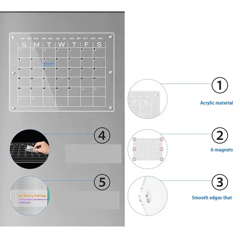Fabricante proveedor de fábrica personalizado portátil para hacer la lista calendario magnético nevera acrílico tablero de borrado en seco calendario Acrílico