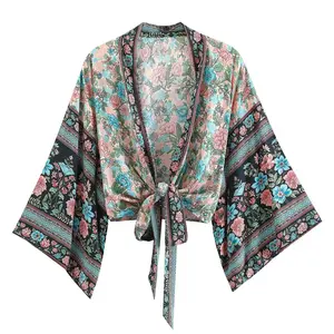 Vintage Boho Kimono Shirt Short Robe Badpakken Vrouwen Mode Bloemen Batwing Mouwen Rayon Bohemian Bikini Cover Ups Strandkleding