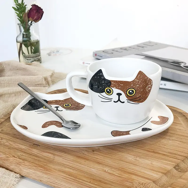 Conjunto de copo de cerâmica para gato, conjunto de copo com bandeja porcelana com chá sobremesa e gato