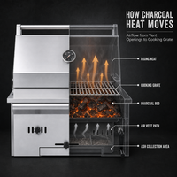 Barbecue au charbon de bois encastrable de luxe moderne haut de gamme pour extérieur, hauteur réglable, aérations réglables, en acier inoxydable