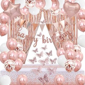 Elegante juego de decoraciones para fiesta de cumpleaños de oro rosa con mariposas 3D cartel de <span class=keywords><strong>feliz</strong></span> cumpleaños globos y centros de mesa - Product Image 5