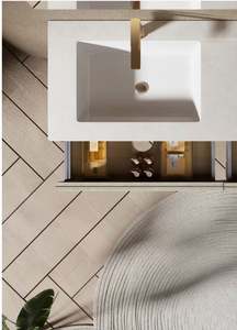 Cream French Style Solid Wood Paint Process Paired <b>with</b> White Rock Slab Countertop Floating Bathroom <b>Vanity</b> - Product Image 3