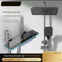 Ensemble de douche thermostatique avec panneau lumineux d'ambiance extra large, finition clavier de piano gris anthracite, en laiton poli, jet de pluie doux