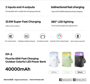 Banco de Energía FP-3 de 40000 mAh con Carga Rápida de 65 W, Iluminación LED de Colores y Asa Portátil para Aventuras al Aire Libre - Product Image 4