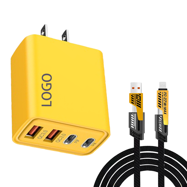 EU/US/UK Plug 4 Ports USB Mobile Phone Fast Charger Type-C 12W QC3.0 Gan Travel Adapter PD Wall Charger Set Retractable Cable