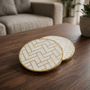 Modern Round Marble Coasters Set with Gold Trim 300mm Diameter Non Slip <b>Table</b> <b>Mats</b> & Pads Stone Material Natural Marble Design - Product Image 1