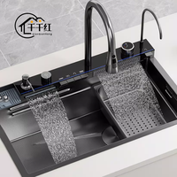 Robinet cascade numérique à bol unique de haute technologie, fait à la main en acier inoxydable 304, surface nano, évier simple intelligent à deux trous, moderne