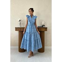 Robe de soirée modeste bleue à volants et boutonnée, translucide, pour femme, de la marque Elisa Fashion, avec logo personnalisé, tailles XS-XL, décontractée, grande taille, pour club, vente en gros