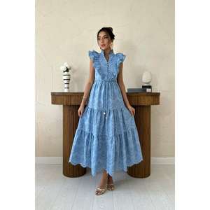 Robe de soirée modeste bleue à volants et boutonnée, personnalisable avec logo, tailles XS-XL, vêtements décontractés grande taille pour le club, translucide - Product Image 4