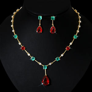 HIBRIDE多色红色立方氧化锆方形水滴奢华婚礼女性新娘项链耳环服装饰品套装N-903 - Product Image 1