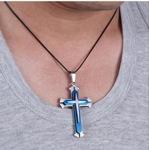 Nuova collana da uomo nera in acciaio inossidabile con ciondolo a croce di gesù con catena di bambù con diamanti in zirconio di cristallo-regalo di gioielli per uomo - Product Image 2
