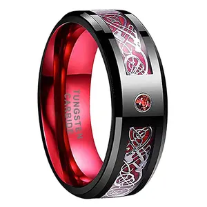 Coolstyle Jewelry 8mm Black Tungsten Ring for Men Women Engagement Wedding Band Red Cubic Zirconia Aluminum Dragon Inlay Beveled