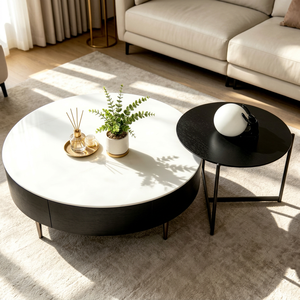 Table basse ronde moderne avec plateau en marbre, structure en métal, rangement, meubles de salon - Product Image 1