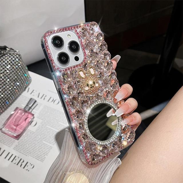 Full Crystal Diamond 3D Rabbit Flower Mirror Luxury Phone case for iPhone XS XR 11 12 13 14 15 16 Pro Max Back Cover