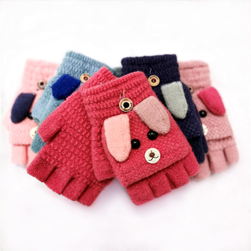 Children winter knitting flip half unisex gloves students lovely velvet warm gloves
