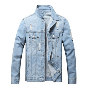 Chaqueta de Mezclilla Azul Claro para Hombre, Estilo Desgastado, Cuello Alto, Cierre de Botones, Manga Larga, Casual, con Rasgaduras en la Parte Delantera, Forro de Algodón, para Primavera y Otoño - Product Image 1