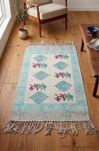 Blue Floral Leaf <b>Block</b> Print Cotton Rug 4x6 Handmade Carpet with Tassels Boho Floor Mat Living Room Decor - Product Image 3