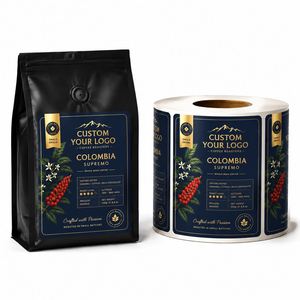 สติกเกอร์ติดถุงกาแฟแบบตั้งได้ พิมพ์ลายฟอยล์ทอง ปั๊มนูน 3 มิติ แบบเมทัลลิก สำหรับบรรจุภัณฑ์กาแฟแบบสั่งทำพิเศษ - Product Image 1