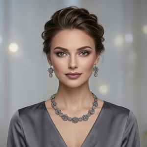 Elegant Floral Pastel Pink Oxydized <b>Silver</b> <b>Choker</b> Set with Earrings Traditional Statement Jewelry for Women Festival Fashion - Product Image 1