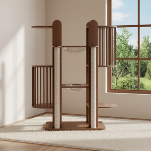 Mesa de Salto para Gatos de Madera Maciza Color Nogal, Árbol para Gatos de Lujo con Nido Grande Integrado y Cierre de Botón para Sala de Estar - Product Image 6