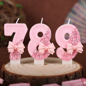 Bougies d'anniversaire numérotées avec nœud <span class=keywords><strong>rose</strong></span>, décorations de gâteau, bougies faites à la main pour la fête d'anniversaire des petites filles d'un an - Product Image 2