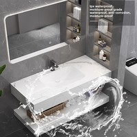 Ensemble de meuble-lavabo mural en dalles de pierre double couche sans joint, avec lavabo en céramique tout-en-un et surface solide au design minimaliste