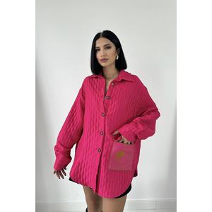 Fuchsia Quilted Shirt Women Casual Button <b>Down</b> Blouse Polyester Candy Color Everyday Wear Oversized Long Sleeve Top - Product Image 5