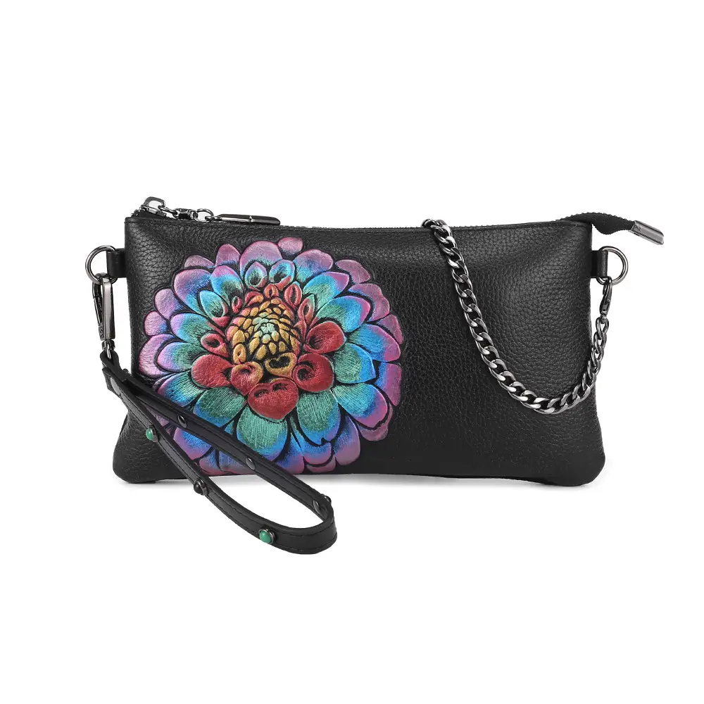 New Hot Top Layer Cowhide Leather Shoulder Bags Flower Printed Elegant Temperament Women's Wrist Bags Lichee Pattern Clutch Bags