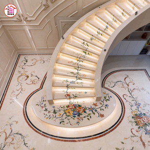 <span class=keywords><strong>Escalier</strong></span> en marbre courbé sur mesure avec incrustation florale au jet d'eau et éclairage LED intégré, design personnalisé pour villa de luxe - Product Image 2