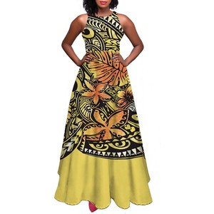 Robes longues décontractées sans manches <span class=keywords><strong>pour</strong></span> femmes, style A-line, motifs tatouages floraux Hibiscus Plumeria Tapa de Tahiti, <span class=keywords><strong>pour</strong></span> fêtes et usage quotidien, été - Product Image 2