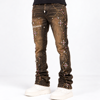 DiZNEW Jeans personnalisés pour hommes, style streetwear, à motif étoile, cloutés, délavés, ornés de cristaux, coupe slim, effet empilé, usine BSCI
