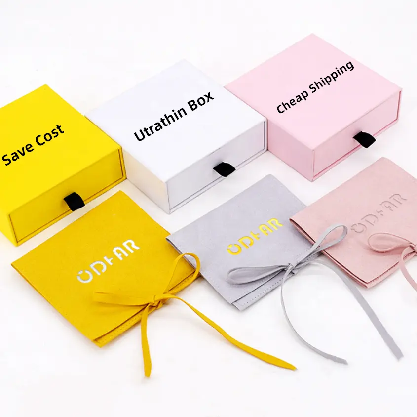 कस्टम लोगो मुद्रित वर्ग छोटी सी पतली उपहार बॉक्स बैंगनी गत्ता गहने दराज बॉक्स और प्रदर्शन के साथ गहने पैकेजिंग थैली