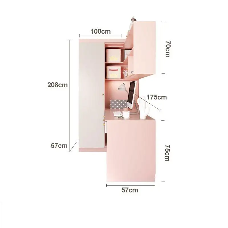 Pink Lovely Girls Princess Children Bedroom Wardrobe Closet With Study Desk Computer Table