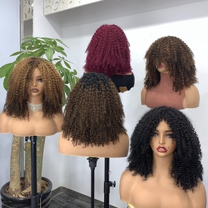 Pelucas de <span class=keywords><strong>Cabello</strong></span> Humano Afro Rizado con Reflejos Marrones y Flequillo, Listas para Usar, Sin Pegamento, Peluca Corta Rizada, Hecha a Máquina - Product Image 5