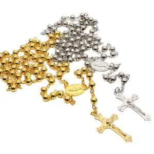 Penjualan terlaris Christian perhiasan emas diisi Cross Bead Kalung rosario untuk wanita pria
