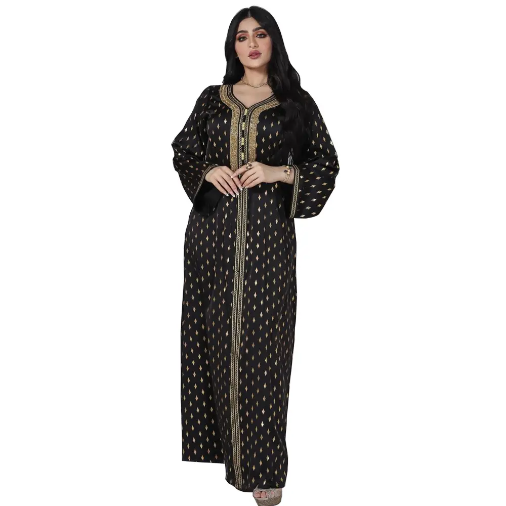 트렌디 한 전통 이슬람 의류 중동 이드 알-아다 아랍 라인 석 블랙 바닥 금 아바야 여성 꽃 이슬람 드레스