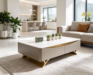 Table basse moderne avec plateau en marbre, structure en métal, rangement, meubles de salon - Product Image 1