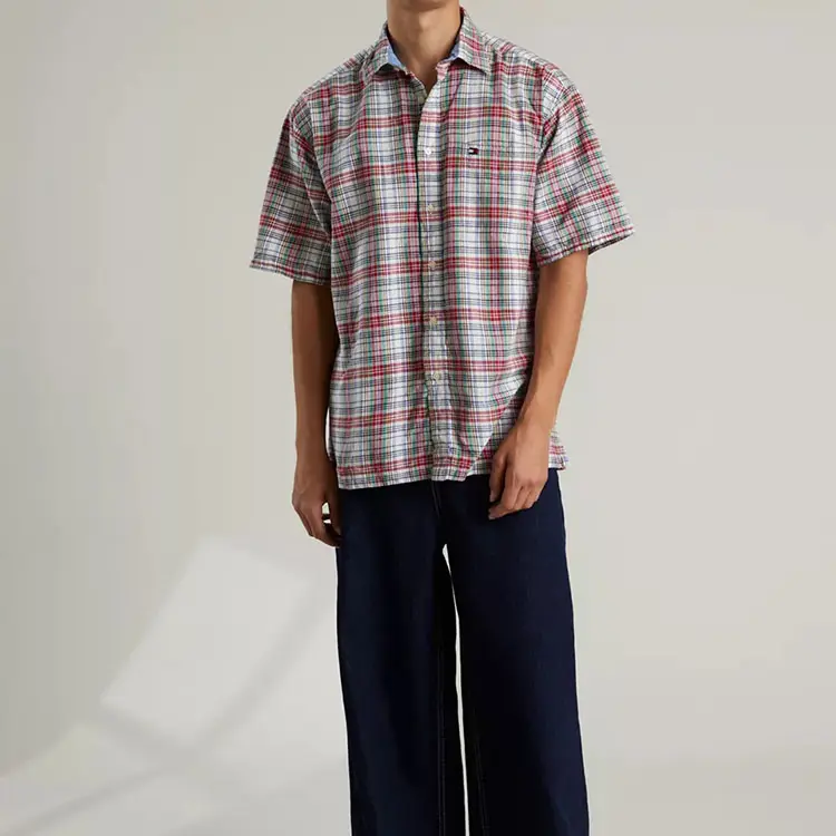 Camisa de algodón a cuadros para hombre, camisa masculina de manga corta con botón de ocio, cuello plegable, informal