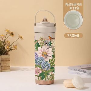 High Appearance Level Large-Capacity European Style Floral Pattern Portable Ceramic Inner Liner Insulated Coffee Mug <b>Straw</b> for - Product Image 5
