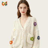 Supplier Cardigan Rajut Wanita Motif Bunga Mawar dengan Logo Custom CG, Kerah V, 100% Poliester, Lengan Panjang, Model Longgar, Kasual