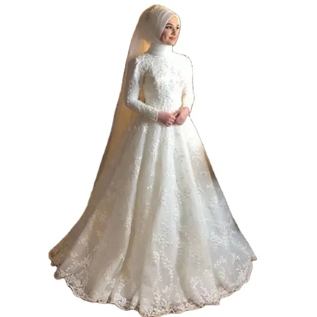 2024 nueva novia boda manga larga cintura alta blanco digno elegante vestido de novia musulmán