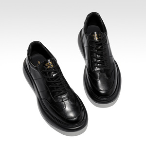 Men's Casual <b>Shoes</b> Black Leather Thick Sole <b>Height</b> <b>Increase</b> British Style Daily Wear Front Laces Solid Color - Product Image 2
