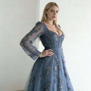 Robes pour femmes bleues à col cœur, manches longues transparentes, broderie florale, ceinture perlée, <span class=keywords><strong>robe</strong></span> de soirée maxi en tulle - Product Image 3