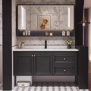Nouvelle armoire de salle de bain avec lavabo intégré en céramique, armoire en arbre de chêne rétro français, lavabo intelligent - Product Image 1