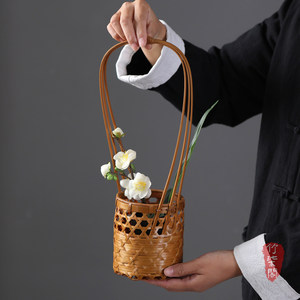 Bamboo Woven Flower Basket Round Lacquered Openwork Handheld Vase For Living Room Decor - Product Image 1
