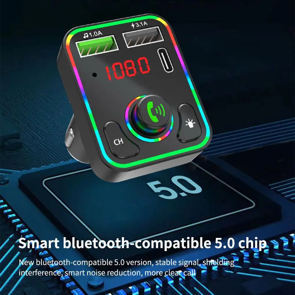 Renkli LED aydınlatmalı verici araba BT MP3 Disk çalar Handsfree araç kiti adaptörü USB QC 3.0 + PD tipi C hızlı şarj