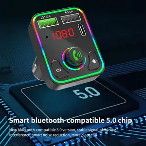 إشارة إضاءة خلفية ملونة بإضاءة LED للسيارة مشغل أقراص MP3 BT في السيارة بدون استخدام اليدين طقم محول USB QC 3.0+PD شاحن سريع من النوع C