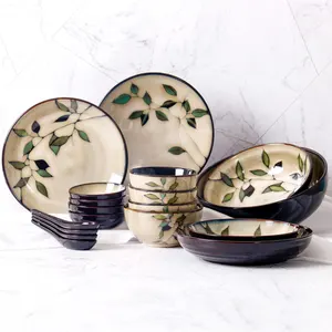 Japanese style Under Glazed Dinnerset With Hand Painted Leaves Eco Friendly Bowl Ceramic Custom Dinnerware Set
