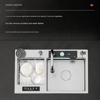 Évier de cuisine intelligent à ultrasons, lave-gobelets argenté, lavage multifonctionnel des fruits et légumes, double évier en acier inoxydable 304
